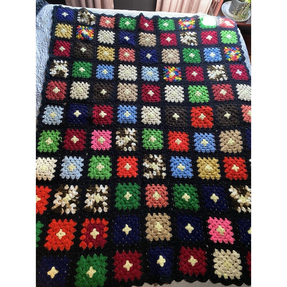 Granny Square Colorful Crochet Afghan Blanket Throw 42x55 Cottagecore Decor - Picture 2 of 4